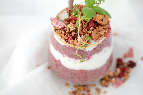 Chiapudding met bessenpuree, yoghurt en granola