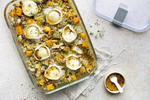 Pompoen orzotto met witloof, geitenkaas en hot honey