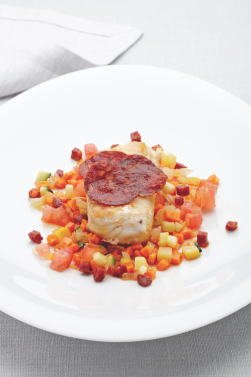 Zeewolf met groentesalsa en chorizo à la Johan Segers
