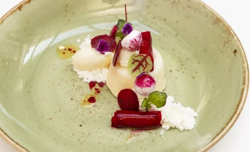 Rodebietpanna-cotta – yoghurt-dragonsorbet – kersenjus